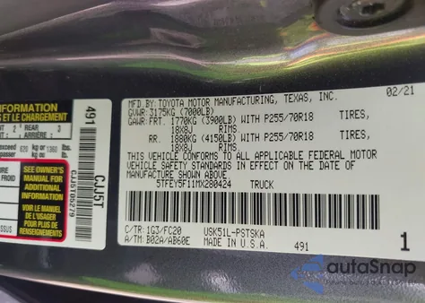 2021 Toyota Tundra Sr5 z USA, uszkodzony, nr VIN 5TFEY5F11MX280424